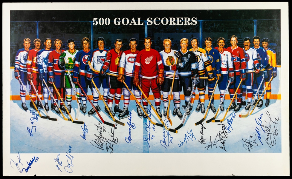 500-Goal Scorers Lithograph Autographed by 19 with Richard, Howe, Beliveau, Lafleur, Gretzky and Others with LOA (23" x 37")