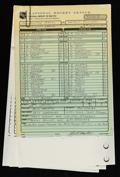 Detroit Red Wings June 7th 1997 and June 13th 2002 Stanley Cup Clinching Games Stat and Official NHL Score Sheet Collection Plus More