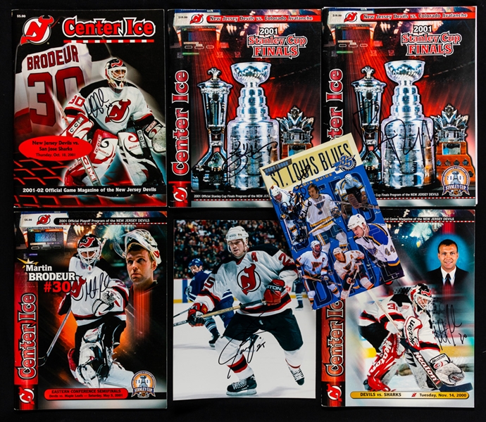 New Jersey Devils 2000-01 Signed Program Collection of 5 Including Brodeur, Stevens and Rafalski Plus 2001-02 St. Louis Blues Media Guide Signed by Bernie Federko with LOA 