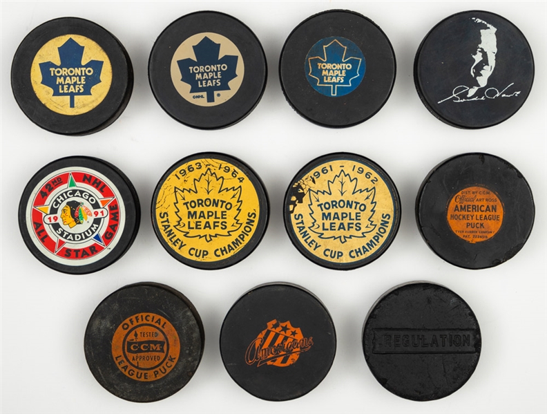Vintage and Modern NHL and Other Leagues Hockey Pucks (86) Including Some Game Pucks and Vintage 1961-62 and 1963-64 Toronto Maple Leafs Stanley Cup Champions Pucks