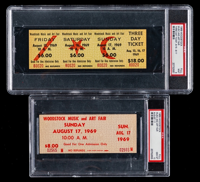 Historic 1969 Woodstock Music Festival Full 3-Day $24.00 Unused Ticket (Graded PSA 9) and August 17th 1969 Woodstock Music Festival Unused Ticket (Graded PSA 10)