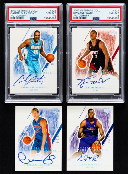 2003-04 Upper Deck NBA Ultimate Collection Near Complete Set (189/190) Including Autographed Ultimate Rookie Cards #131 Dwayne Wade (PSA 8),  #129 Carmelo Anthony (PSA 10) and #130 Chris Bosh