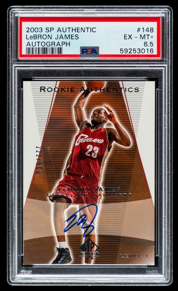 2003-04 Upper Deck NBA SP Authentic Rookie Authentics (Autograph) Basketball Card #148 LeBron James Rookie (222/500) - Graded PSA 6.5