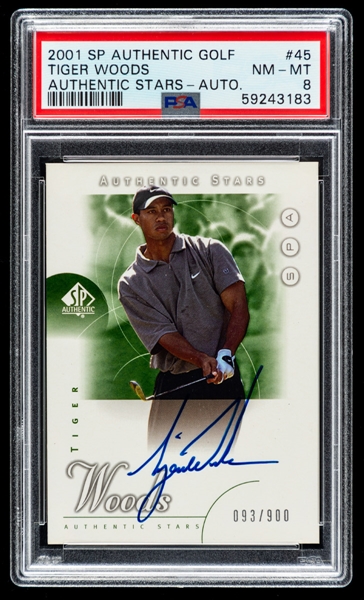 2001 Upper Deck SP Authentic Authentic Stars Signed Golf Card #45 Tiger Woods Rookie (093/900) - Graded PSA 8