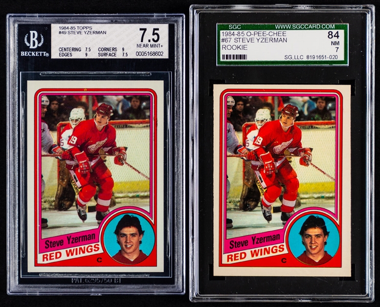 1984-85 O-Pee-Chee Hockey #67 HOFer Steve Yzerman Rookie Cards (5) Plus 1984-85 Topps Hockey #49 HOFer Steve Yzerman Rookie Cards (2) - All Graded