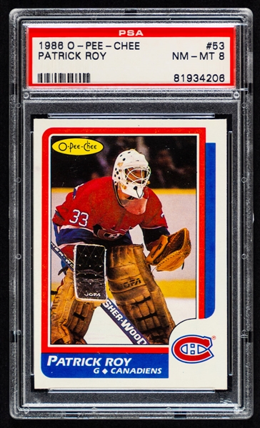 1986-87 O-Pee-Chee Hockey Card #53 HOFer Patrick Roy Rookie (Graded PSA 8) Plus 1987-88 and 1988-89 OPC & Topps Cards (4 - All Graded)