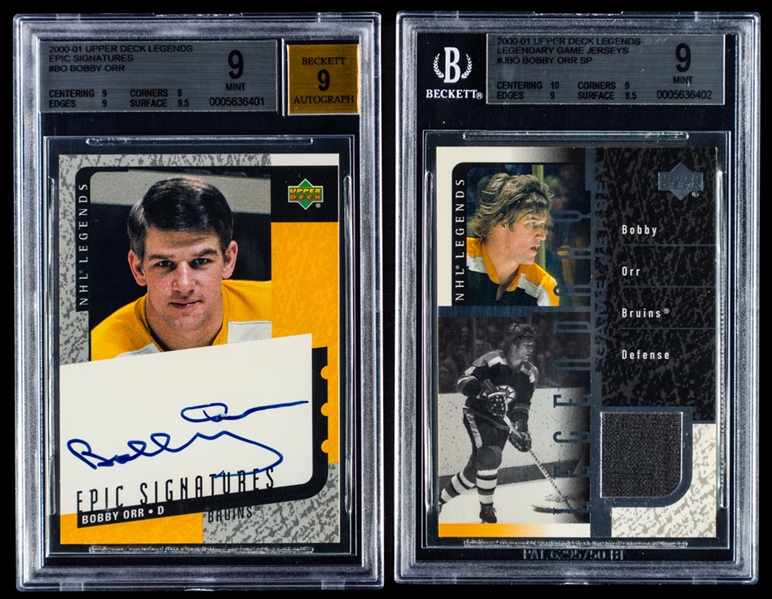 2000-01 Upper Deck Legends Epic Signatures Signed Hockey Card #BO HOFer Bobby Orr and Legendary Game Jerseys Hockey Card #J-BO HOFer Bobby Orr SP - Both Graded Beckett 9