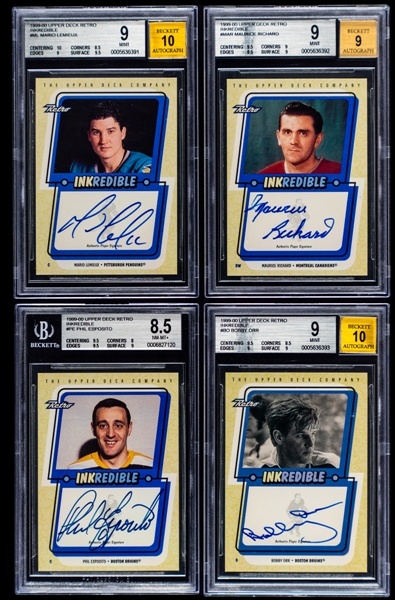 1999-2000 Upper Deck Retro Inkredible Signed Hockey Cards (33) with Beckett-Graded Examples (7) Including HOFers Mario Lemieux, Bobby Orr and Maurice Richard