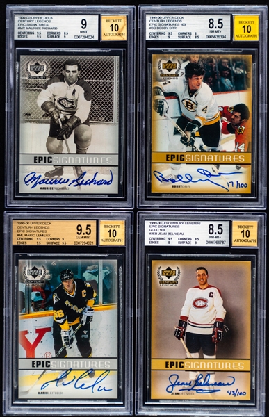 1999-2000 Upper Deck Century Legends Epic Signatures Signed Hockey Cards (31) with Beckett-Graded Examples (12) Including HOFers Mario Lemieux, Bobby Orr (17/100) and Maurice Richard