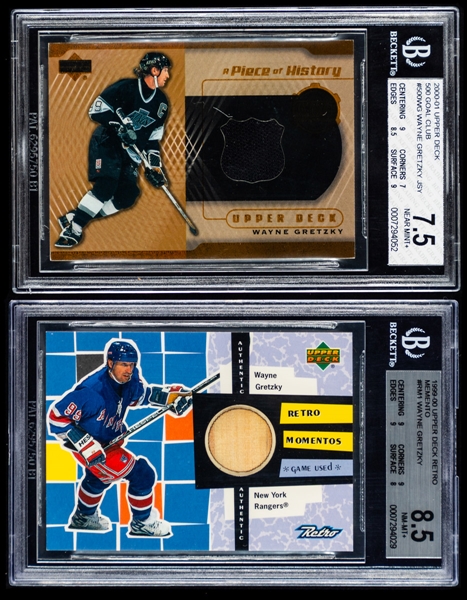 1998-99 to 2000-01 Upper Deck Wayne Gretzky Hockey Cards (8) Including Retro Gold, Retro Momentos and 500 Goal Club Jersey Cards