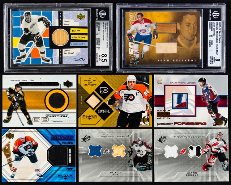 Late-1990s/Early-2000s Upper Deck, SP, Black Diamond, BAP, Topps and Other Brands Game-Used Jersey/Game-Used Stick Cards (96) - Howe, Lemieux, Brodeur, Roy, Hasek, Yzerman, Forsberg, Lindros +++