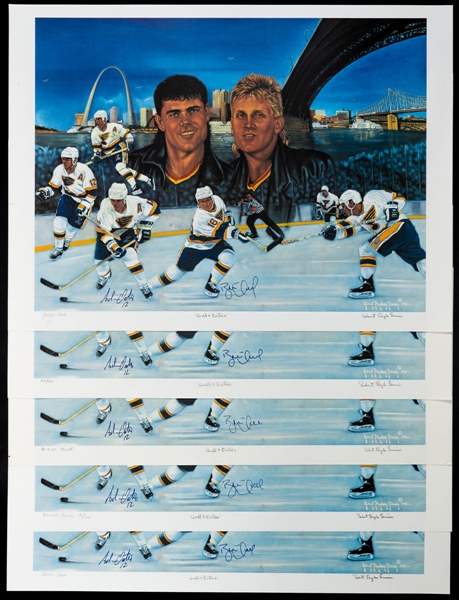 Brett Hull and Adam Oates Dual-Signed 1991 St-Louis Blues "Hull & Oates" Limited-Edition and Artist Proof Robert Simon Lithographs (5) with Classic Auctions LOA 
