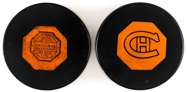 Art Ross Tyer 1950-58 NHL Game Puck and 1964-67 Montreal Canadiens Converse NHL Game Puck