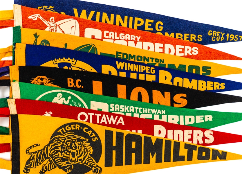 Rare 1950s CFL Pennant Near Set Collection of 7 Plus 1957 Winnipeg Blue Bombers Grey Cup Pennant (21") 