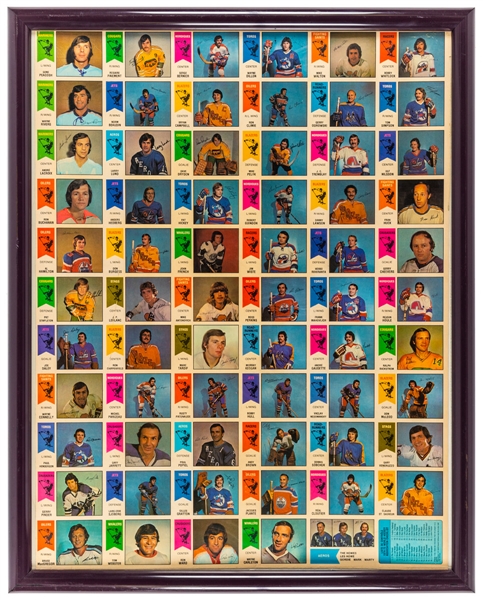 1974-75 O-Pee-Chee WHA Framed Complete Set Uncut Sheet with Jacques Plante, Bobby Hull and The Howes (24" x 30")