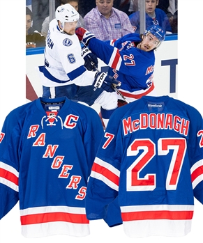 Ryan McDonaghs 2014-15 New York Rangers Game-Worn Playoffs Captains Jersey with LOA - Photo-Matched!