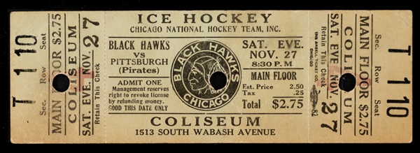 1926-27 Chicago Black Hawks vs Pittsburgh Pirates Inaugural Season Full Ticket for Fourth Ever Game - The Brent Sobie Antique Hockey and Baseball Collection