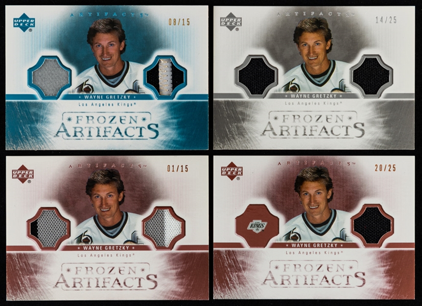 2005-06 Upper Deck Frozen Artifacts Jersey/Patch Hockey Cards #FPD-WG, #FP-WG, #FAD-WG and #FA-WG (10) of HOFer Wayne Gretzky (/15, /25, /50, /65, /125, /275)