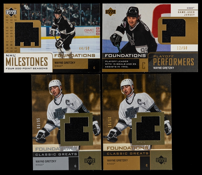 2002-03 Upper Deck Foundations Playoff Performers/Milestones/Classic Greats/Canadian Heroes/Career Points Jersey Hockey Cards (14) of HOFer Wayne Gretzky (/50 to /150)