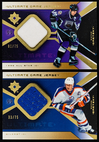 2005-06 Upper Deck Ultimate Game Jersey Hockey Cards (4) of HOFer Wayne Gretzky #UGJ-WG1 (01/75), #UGJ-WG2 (33/75), #UGJ-WG1 (87/250) & #UGJ-WG2 (31/250)