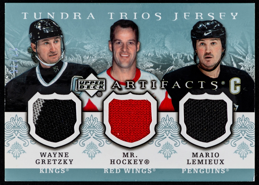 2007-08 UD Artifacts Tundra Trios Jersey Hockey Card #T3-LGH of HOFers Gretzky/Howe/Lemieux (21/75) and 2008-09 UD SPx Winning Trios Hockey Card #WT-HGA of HOFers Howe/Gretzky/Beliveau (72/99) 