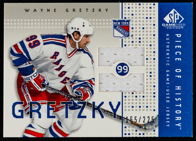 2002-03 Upper Deck SP Game Used Piece of History Jersey Hockey Cards (3) of HOFer Wayne Gretzky Including Rainbow #PH-GY (04/10 - Graded Beckett 8.5)