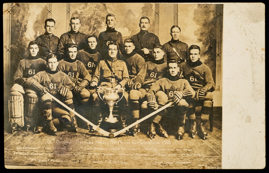 1916 61st Battalion (Winnipeg) Allan Cup Champions Postcard Collection of 2 Plus Battalion Pins (2) - The Brent Sobie Antique Hockey and Baseball Collection