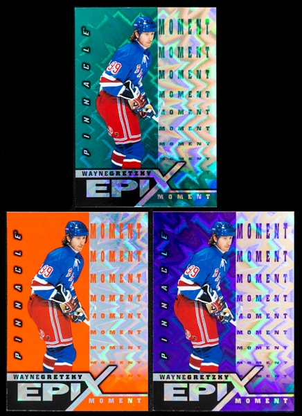 1997-98 Pinnacle Epix Game/Moment/Play/Season Hockey Cards (11) of HOFer Wayne Gretzky Including Epix Moment Emerald Hockey Card #E1