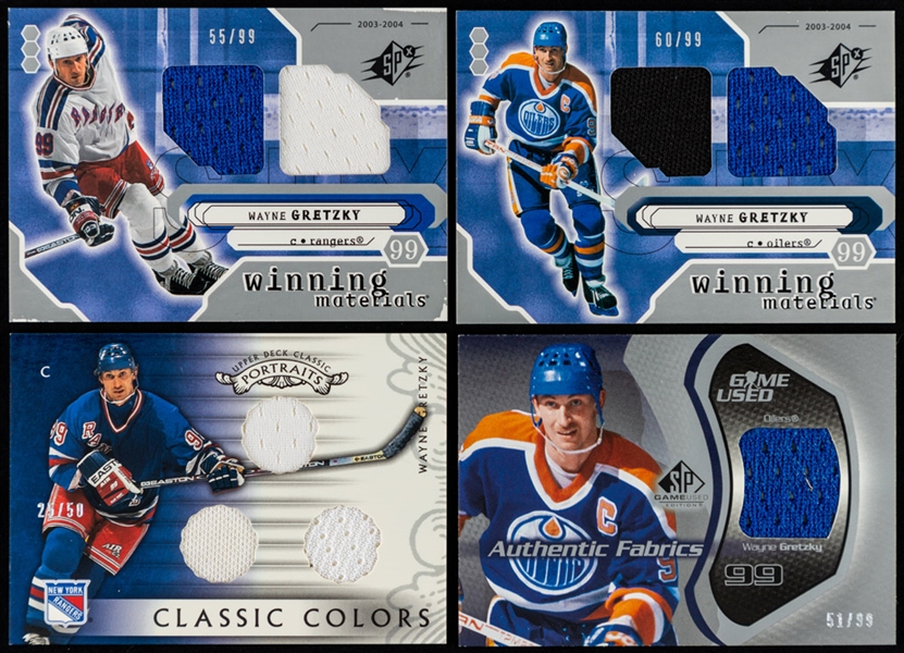 2003-04 Upper Deck Authentic Fabrics/Classic Colors/Winning Materials/Limited Threads & Others Hockey Cards (9) of HOFer Wayne Gretzky