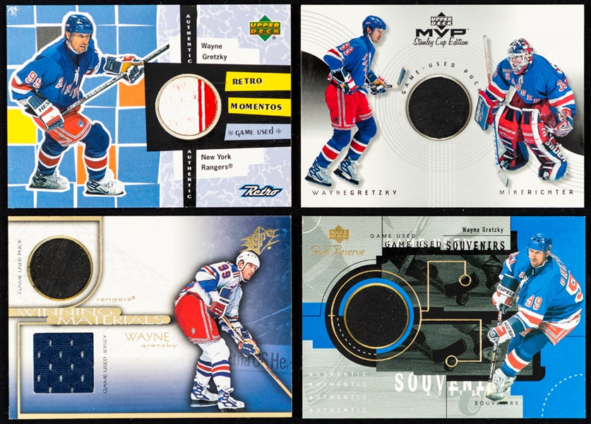 1996-97 and 1999-2000 Upper Deck Game Used Puck/Winning Materials/Game Used Souvenirs/Retro Moments/SPx Force & Others Hockey Cards (10) of HOFer Wayne Gretzky