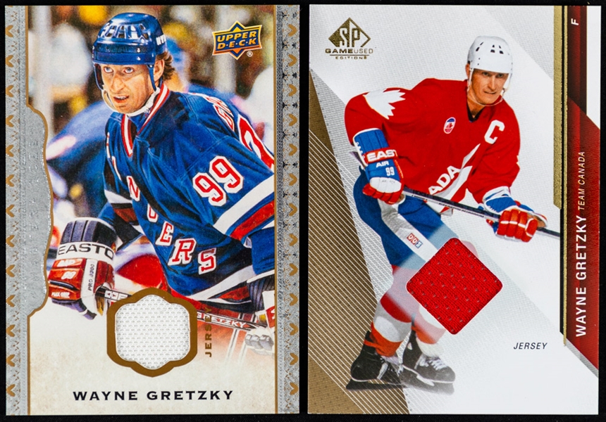 2014-15 Upper Deck Masterpieces Jersey/SP Game Used Jersey/Black Lustrous Materials Hockey Cards (4) of HOFer Wayne Gretzky