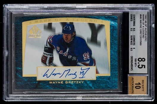 1997-98 UD Mark of a Legend Autograph Hockey Card #M6 HOFer Wayne Gretzky (140/560 - Graded Beckett 8.5) and 2005-06 UD Notable Numbers Autograph Hockey Card #N-WG HOFer Wayne Gretzky (57/99)