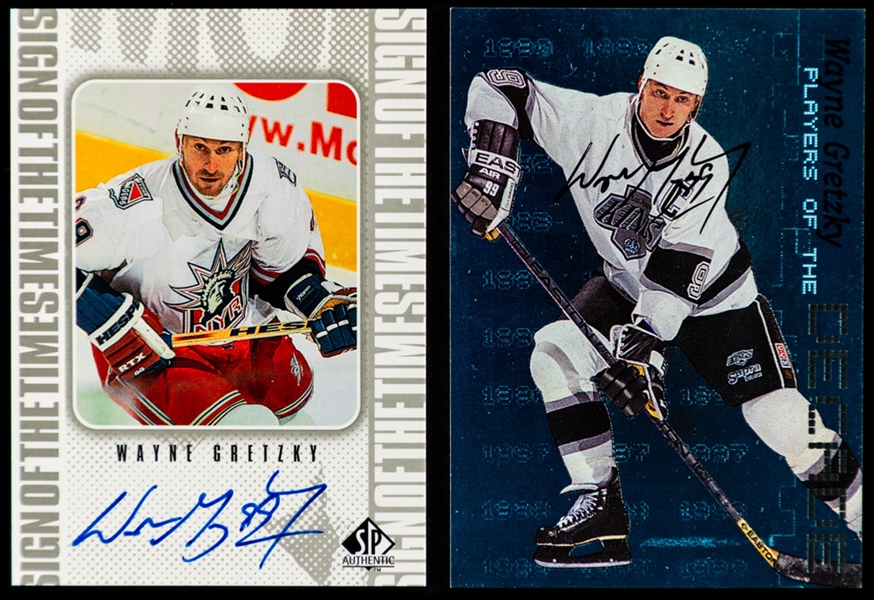 1999-2000 UD SP Authentic Sign of the Times Signed Hockey Card #WG HOFer Wayne Gretzky and 1999-2000 ITG Millenium Signature Players of the Decade Signed Hockey Card #D-1 HOFer Wayne Gretzky (82/1000)