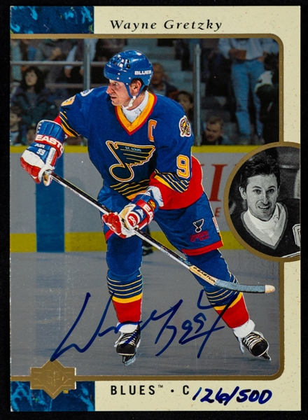 1995-96 Upper Deck SP #127 (126/500 - UDA), 2003-04 UD Premier Signatures #PS-WG and 2018-19 UD Clear Cut Hockey Heroes Signed Hockey Cards of HOFer Wayne Gretzky