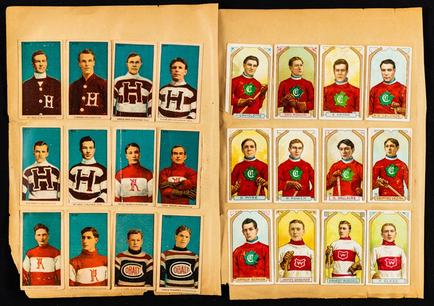 1910-11 Imperial Tobacco C56 Hockey Complete 36-Card Set and 1911-12 Imperial Tobacco C55 Hockey Starter Set (33/46) Including Vezina, Lalonde, Taylor, Ross and Malone (Pasted in Scrapbook Pages)