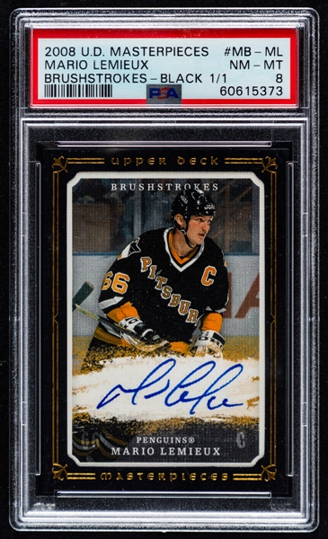 2008-09 Upper Deck Masterpieces Brushstrokes Signed Hockey Card #MB-ML HOFer Mario Lemieux (Black 1/1) - Graded PSA 8