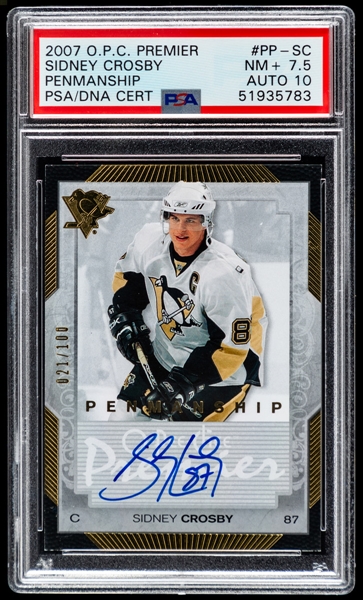 2007-08 O-Pee-Chee Premier Penmanship Signed Hockey Card #PP-SC Sidney Crosby (21/100) - Graded PSA 7.5/Auto 10