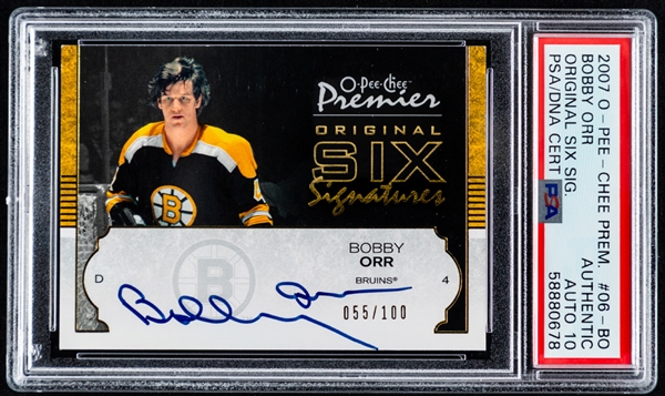 2007-08 O-Pee-Chee Premier Original Six Signatures Signed Hockey Card #06-BO HOFer Bobby Orr (55/100) - Graded PSA/DNA Certified Auto 10