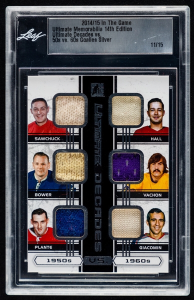 2014-15 ITG Ultimate Decades 50s vs 60s Goalies Silver Hockey Card #DV-8 HOFers Sawchuk, Bowe, Plante, Hall, Vachon & Giacomin (11/15) 