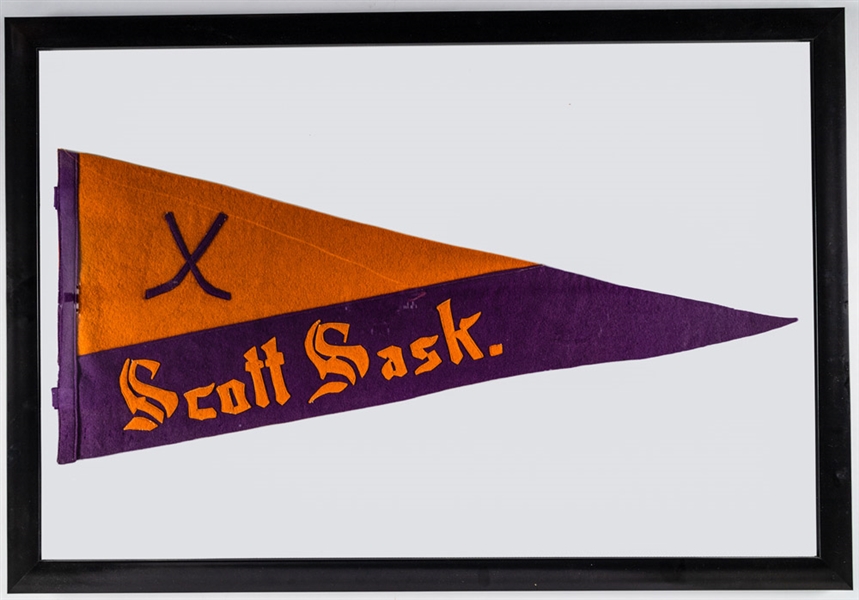 Rare Circa 1910 Scott Saskatchewan Framed Full-Size Felt Hockey Pennant - The Brent Sobie Antique Hockey and Baseball Collection