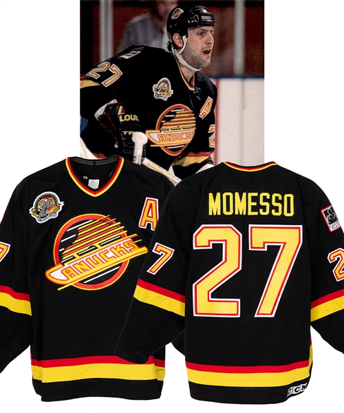 Sergio Momessos 1994-95 Vancouver Canucks Game-Worn Alternate Captain Jersey - 25th Patch! - Team Repairs! 