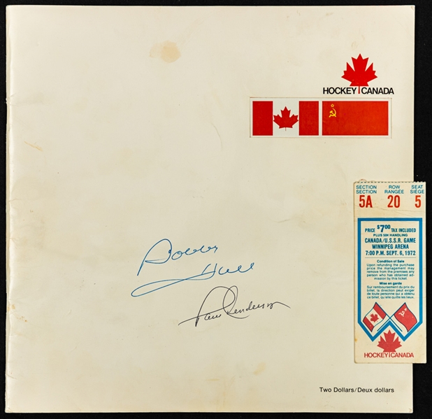 1972 Canada-Russia Series Game 3 Ticket Stub from Winnipeg Arena (Blue Variation) Plus Official 1972 Canada-Russia Series Program Signed by Hull, Henderson and Dryden