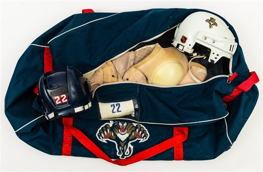 Dino Ciccarellis 1997-99 Florida Panthers CCM Home and Away Game-Worn Helmets Plus Cooper Shoulder Pads and Panthers Equipment Bag From His Personal Collection with His Signed LOA
