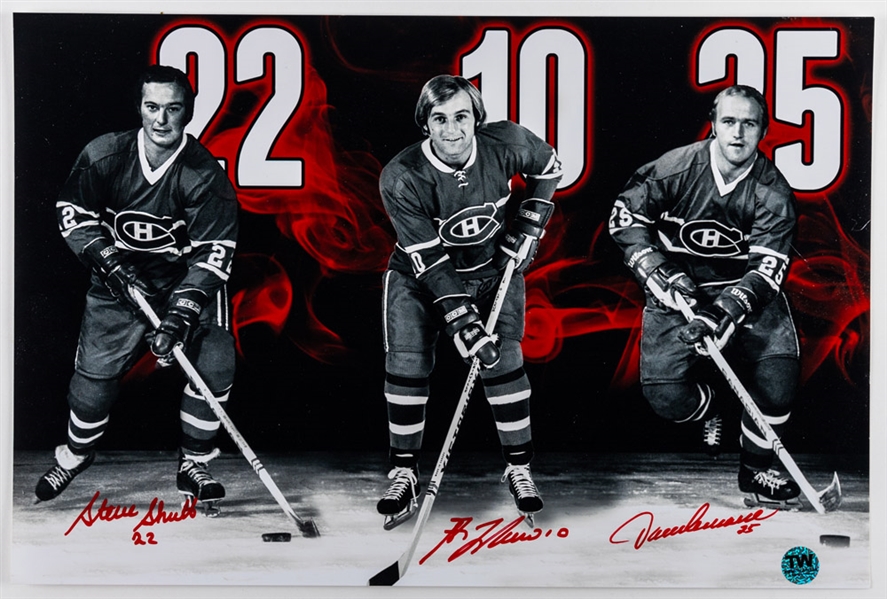 "Dynasty Line" Photo Signed by Montreal Canadiens Guy Lafleur, Steve Shutt and Jacques Lemaire (12" x 18") with LOA 