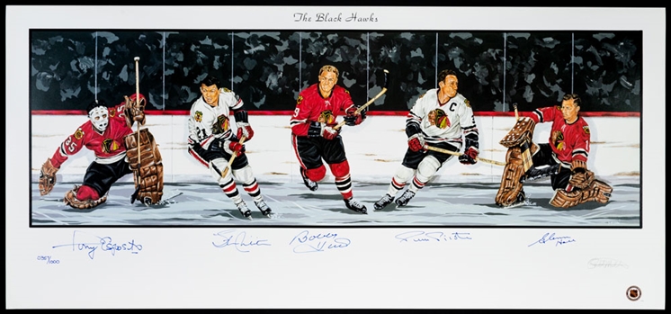 Chicago Black Hawks Limited-Edition Lithograph Autographed by 5 HOFers with COA (18" x 39")