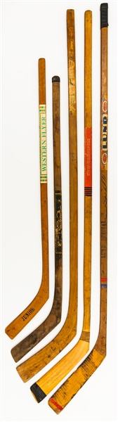 1920s to 1930s Ranger, CCM, Salyerds and Lund Paper Label One-Piece Hockey Stick Collection of 5 - The Brent Sobie Antique Hockey and Baseball Collection