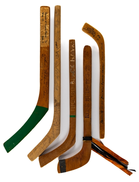 1920s to 1940s Mini Hockey Stick (5) including 1925-26 Portland Rosebuds, 1930s Chicago Black Hawks and 1948-49 Brandon Wheat Kings Team-Signed - The Brent Sobie Antique Hockey and Baseball Collect