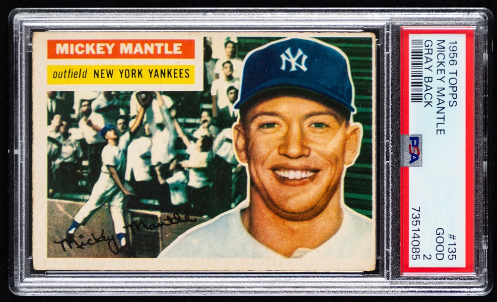 1956 Topps Baseball Card #135 HOFer Mickey Mantle (Gray Back) - Graded PSA 2