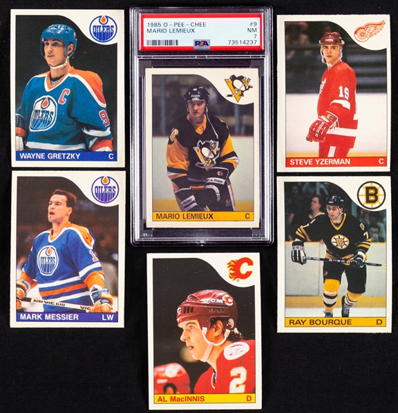 1985-86 O-Pee-Chee Hockey Near Complete Card Set (263/264) Including #9 HOFer Mario Lemieux Rookie (Graded PSA 7) and Extras (Approx. 80)