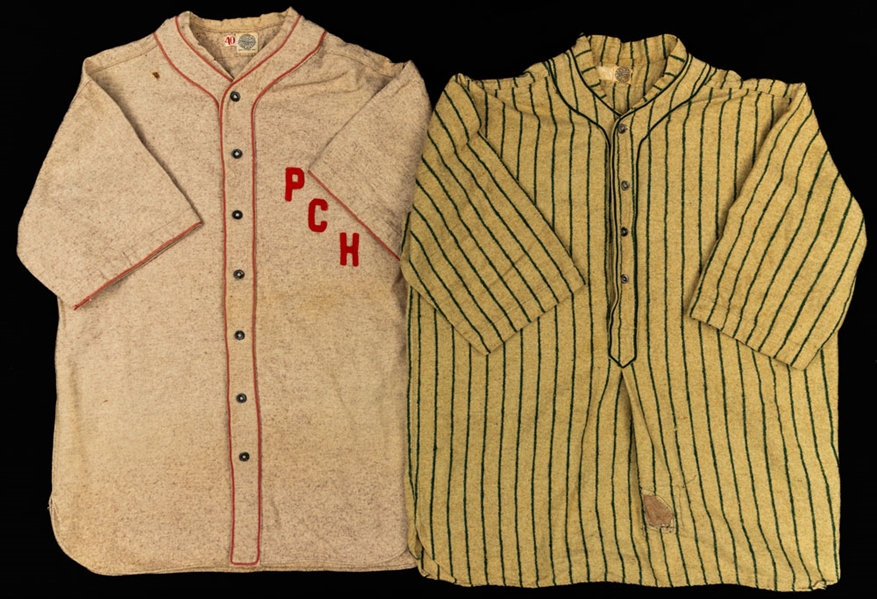 Circa 1915 Spalding Green Stripe Baseball Jersey and Matching Pants, Late-1920s Spalding "PCH" Baseball Jersey and 1920s "Kinsman" Jersey - The Brent Sobie Antique Hockey and Baseball Collection